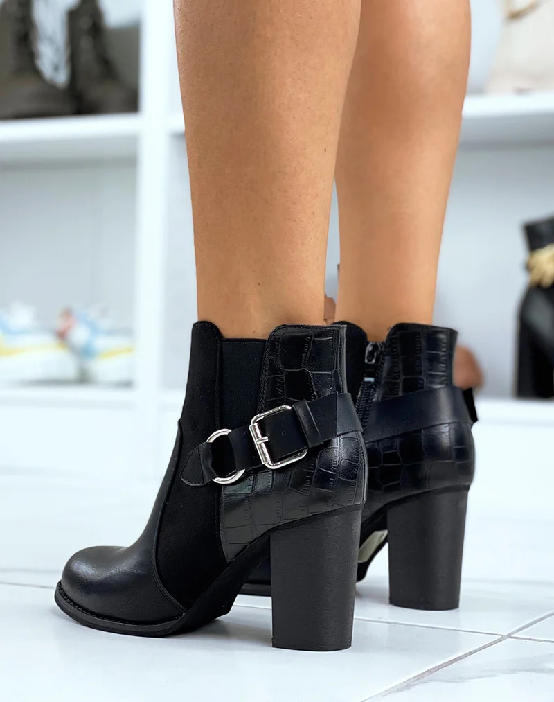 Bottines à talon noires bi-matières