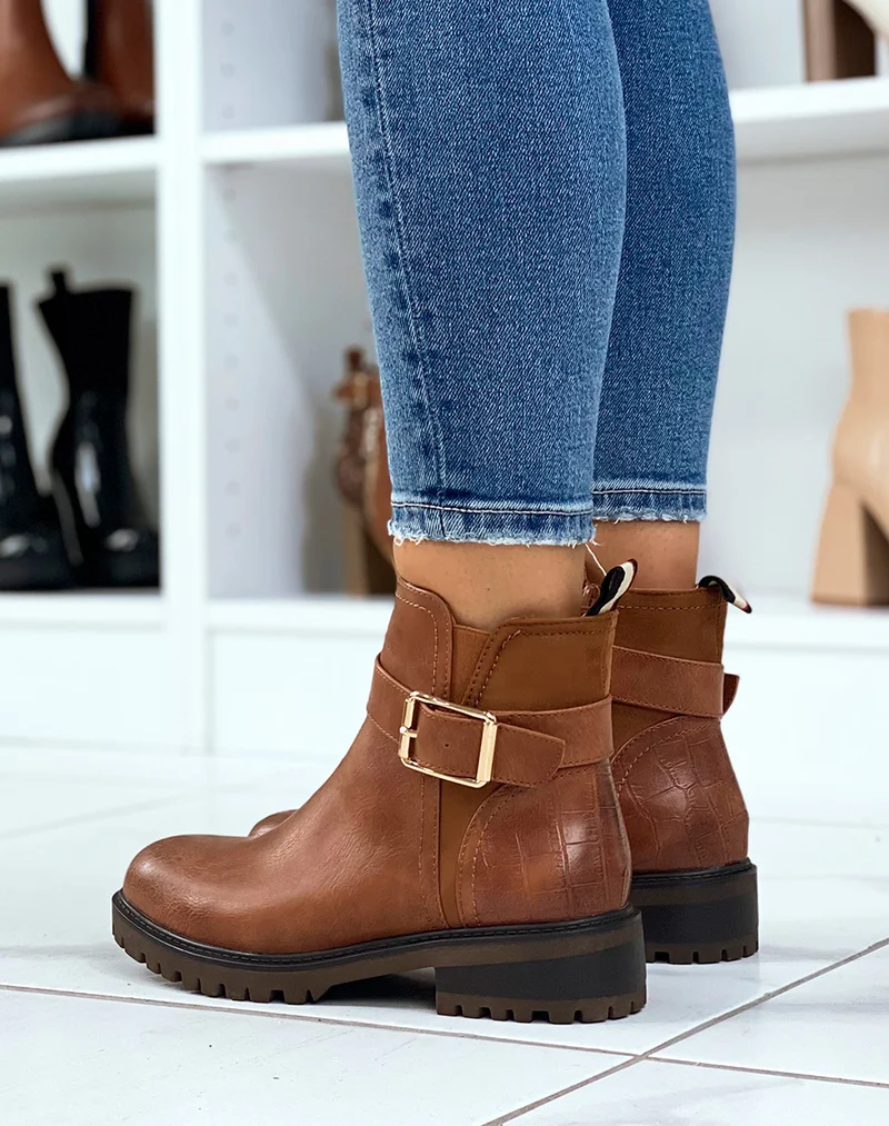 Bottines camel avec élastique échancré et effet croco