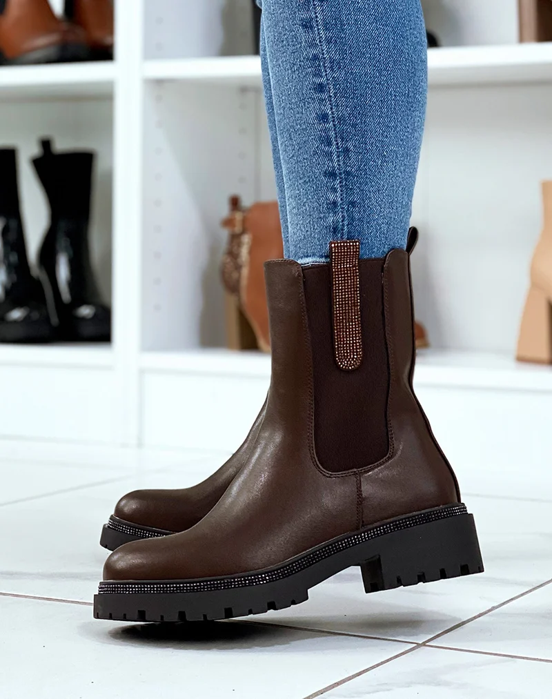Chelsea boots marrons à détails à strass
