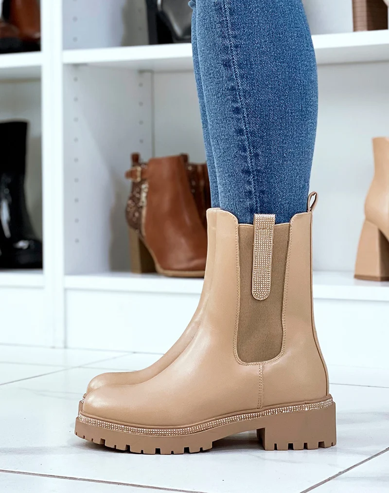Chelsea boots beiges à détails à strass