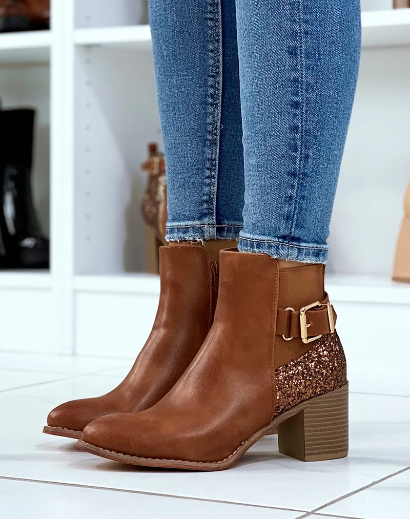 Bottines à talon camel à détail pailleté