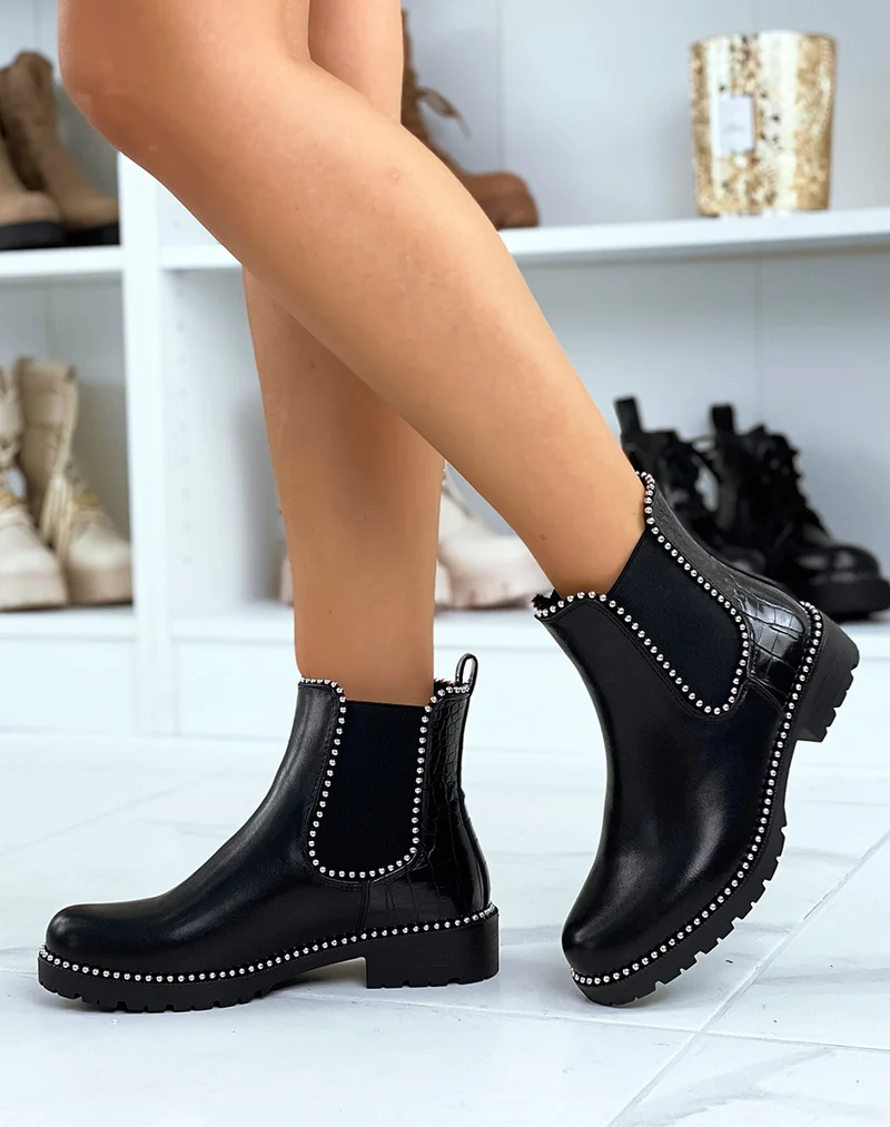 Chelsea boots noires à multiples clous argentés et arrière effet croco