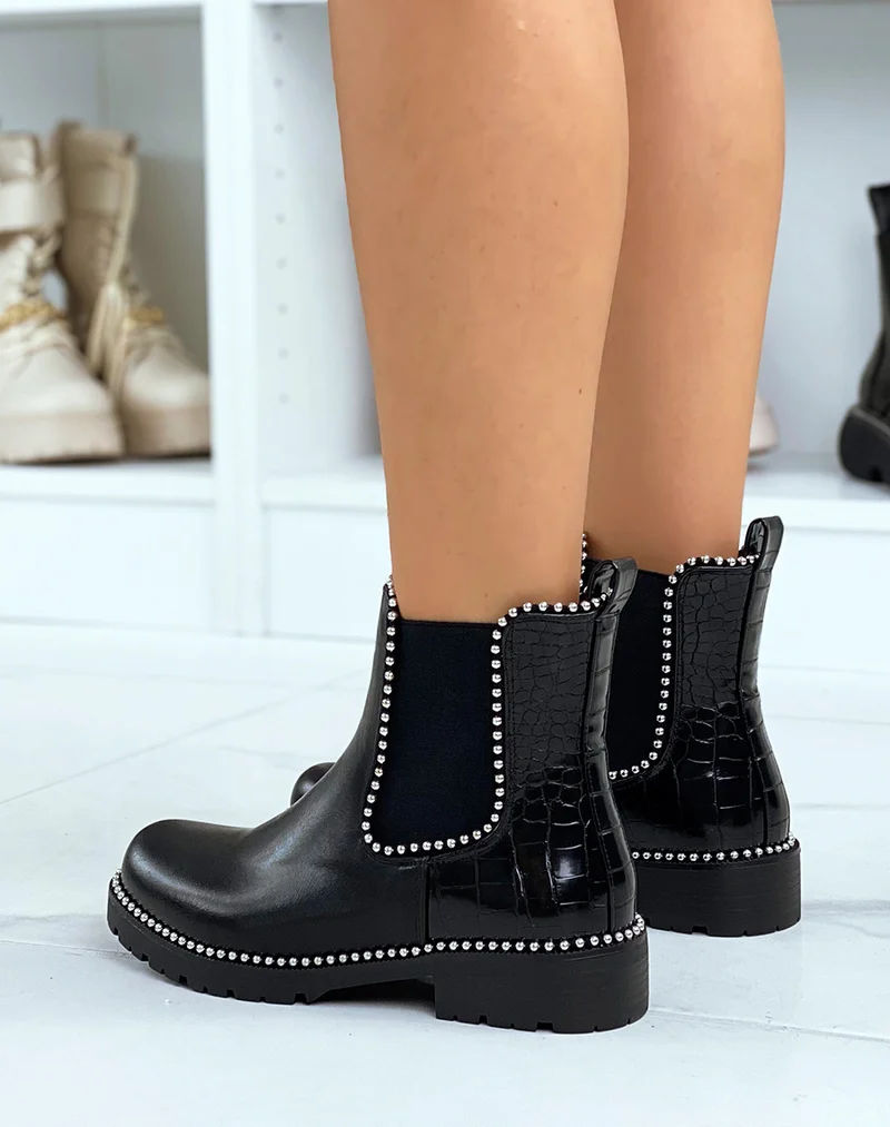 Chelsea boots noires à multiples clous argentés et arrière effet croco