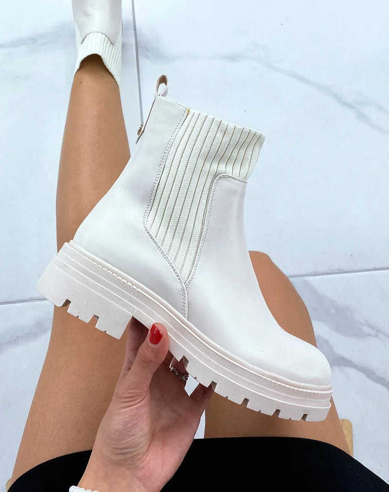 Bottines beiges bi-matière effet chaussette talonnées