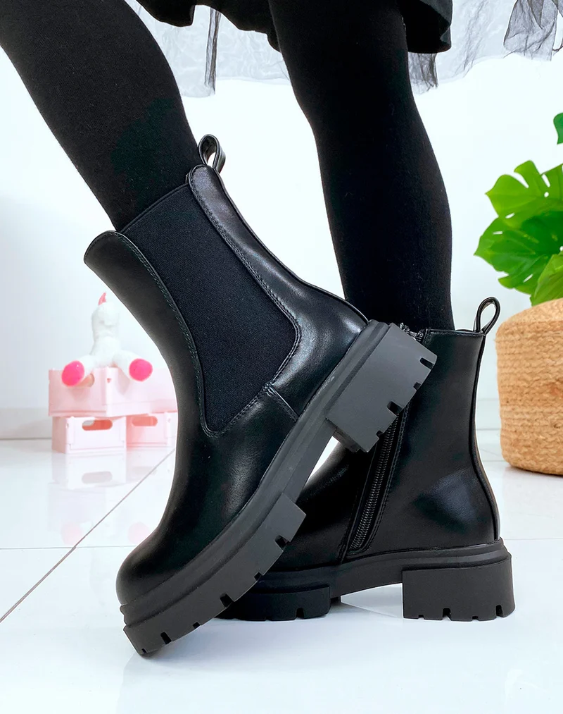 Bottines noires style chelsea boots à élastique et fermeture éclaire