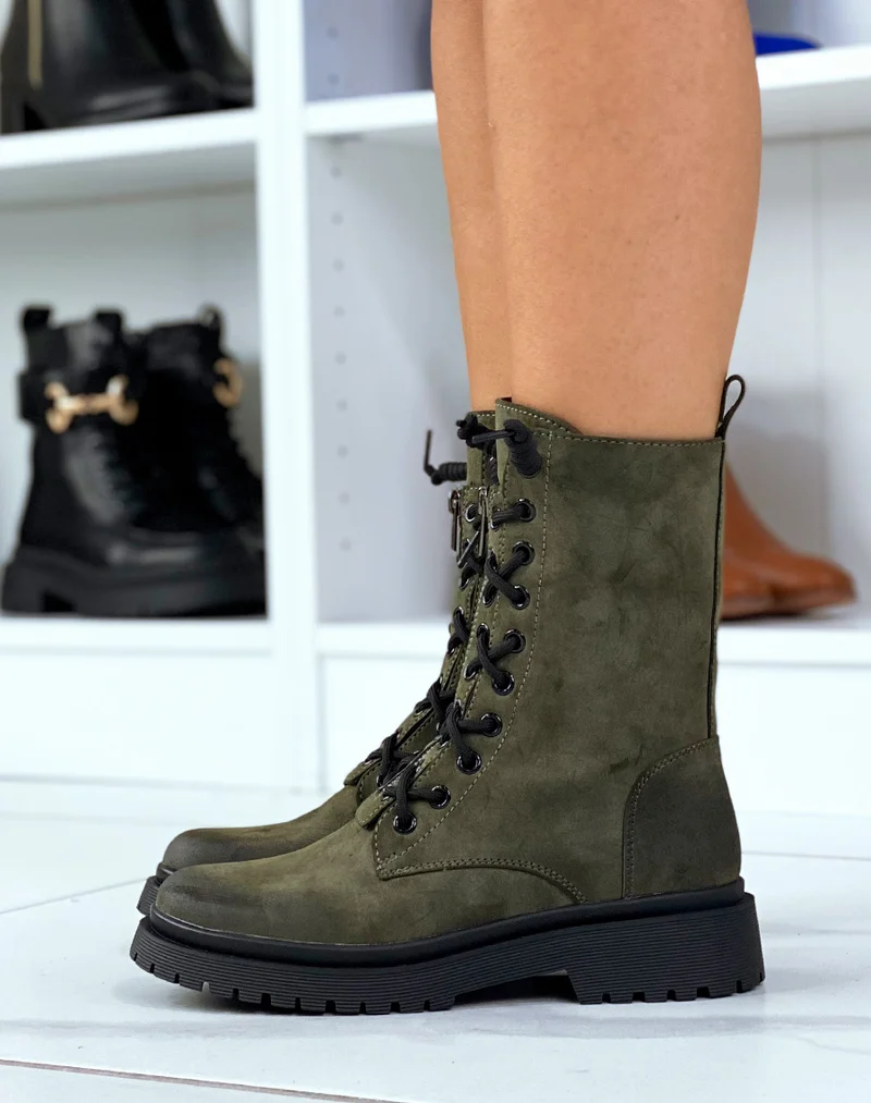 Bottines kaki montantes à lacets et à zip avant