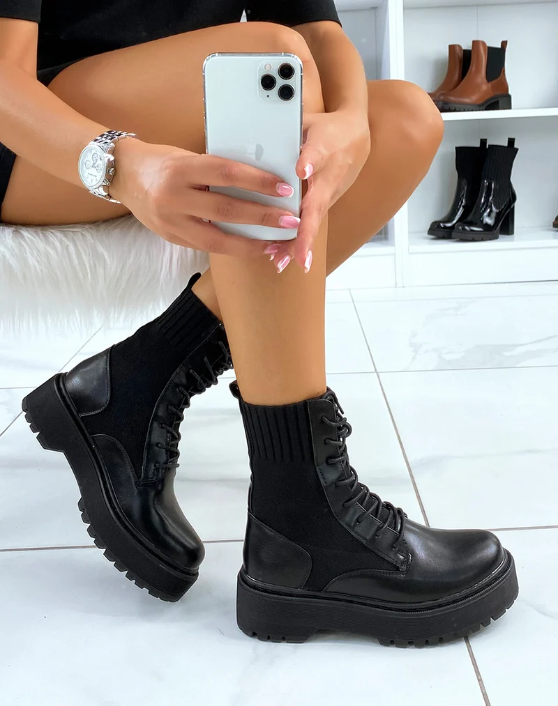 Bottines chaussette noires à semelle épaisse