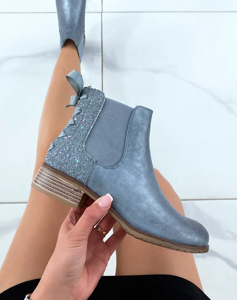 Chelsea boots basses bleues à paillettes et noeud