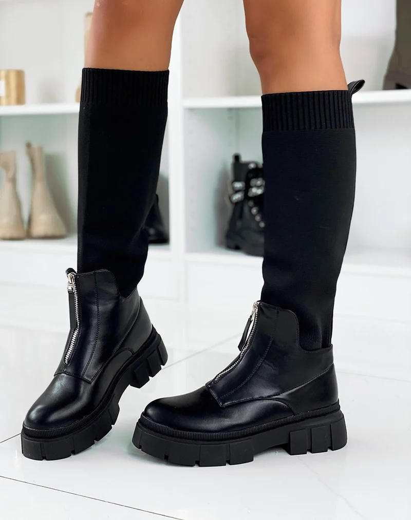 Bottes noires bi-matières effet chaussette zipées à semelle crantée
