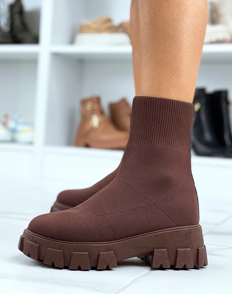 Bottines marron cuivré effet chaussette à semelle épaisse crantée