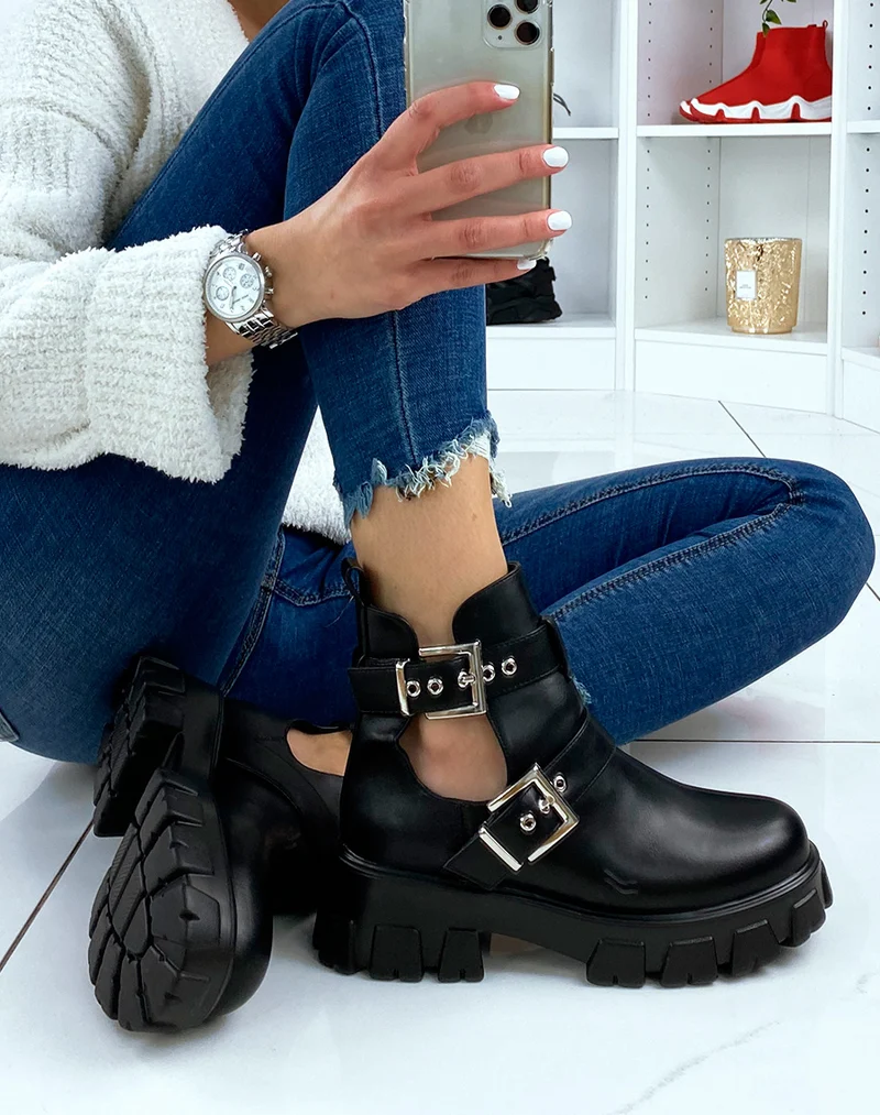 Bottines noires ouvertes à double lanières