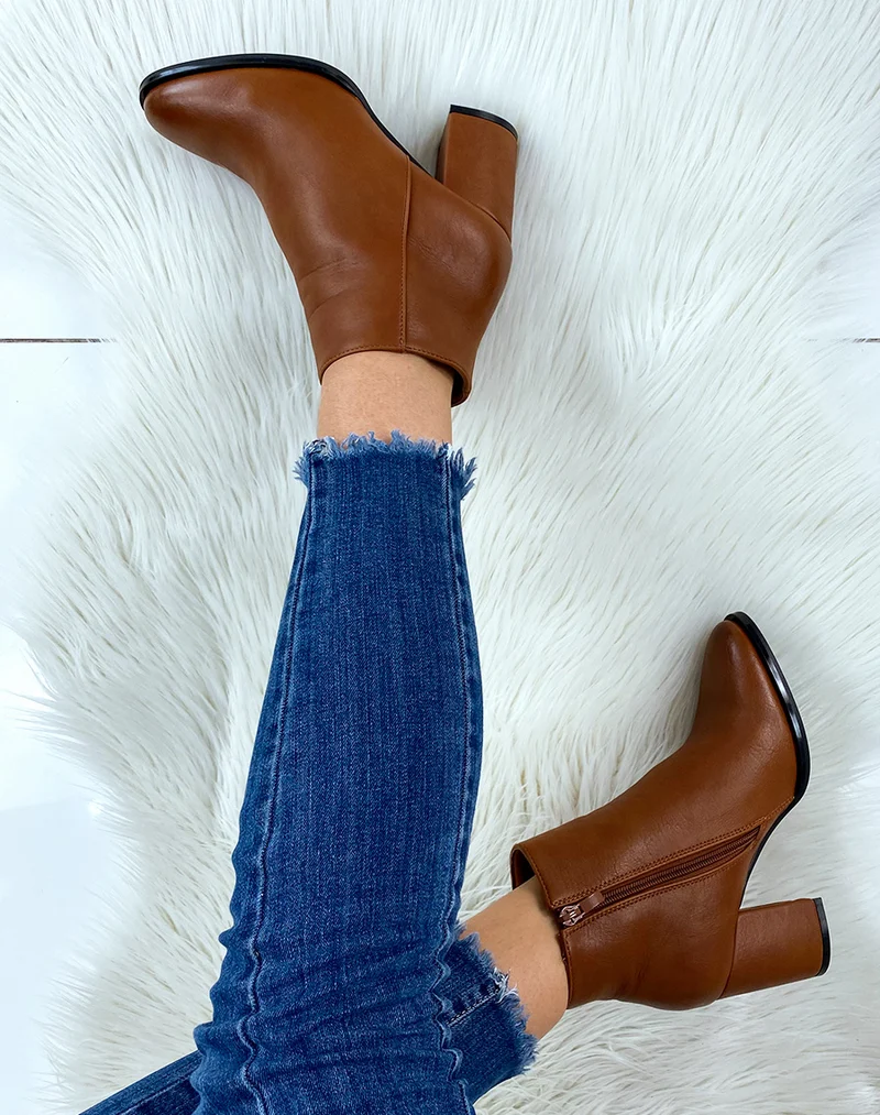 Bottines à talon camel en similicuir