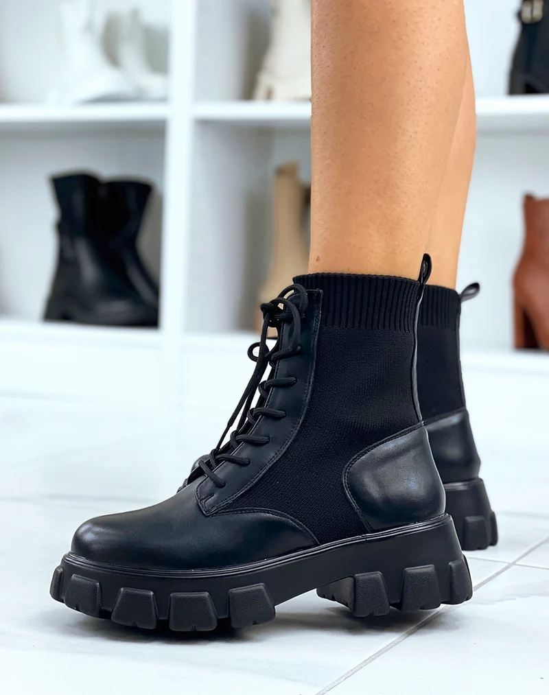 Bottines montantes noires effet chaussette à semelles crantées