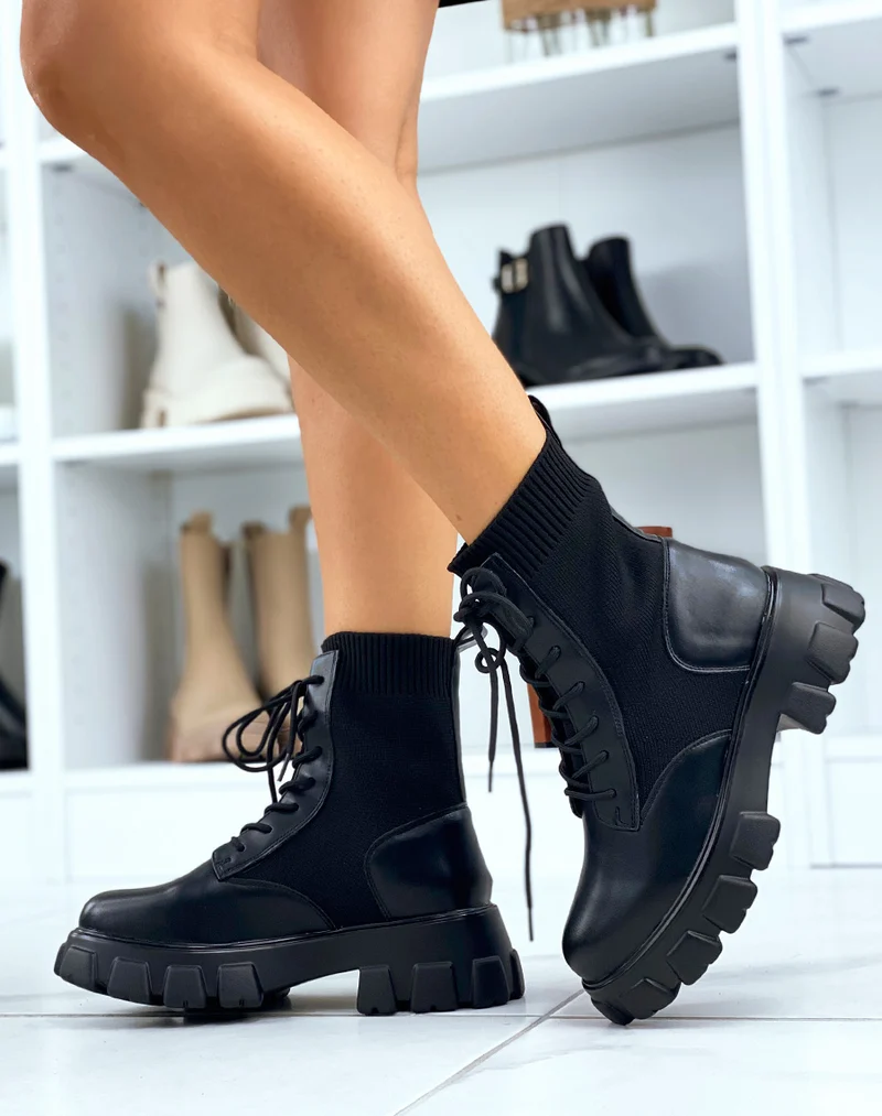 Bottines montantes noires effet chaussette à semelles crantées