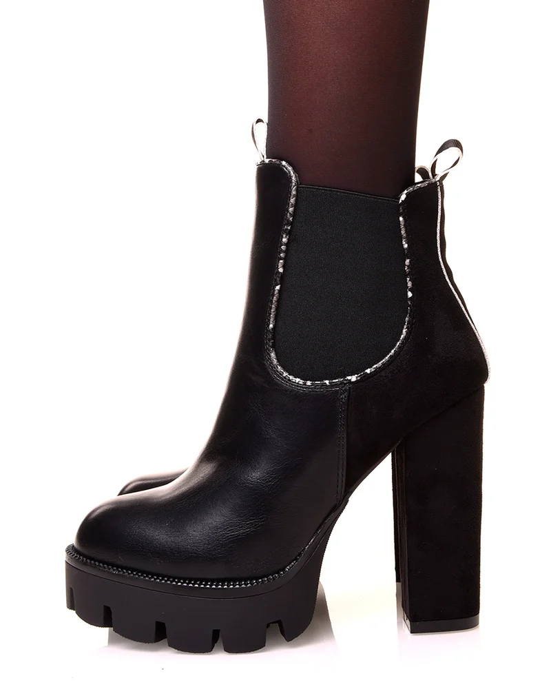 Bottines noires à talon bi-matière détails python