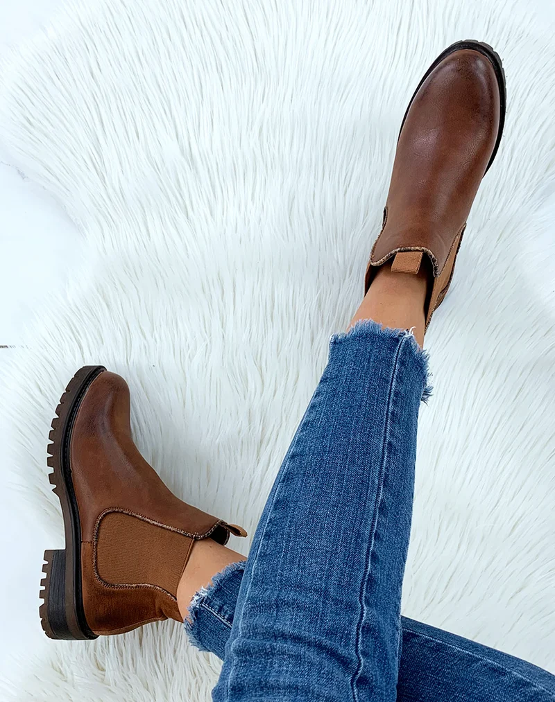Chelsea boots camel bi-matières à détails effet python