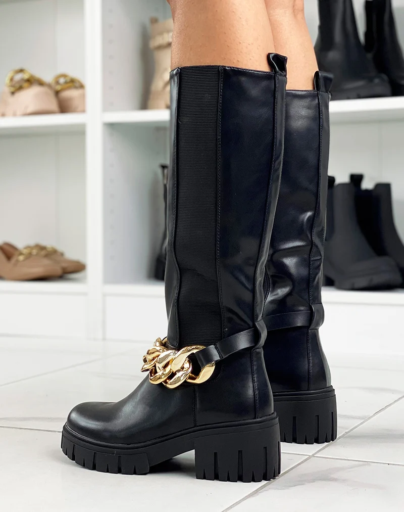 Bottes hautes noires avec élastique et chaine dorée
