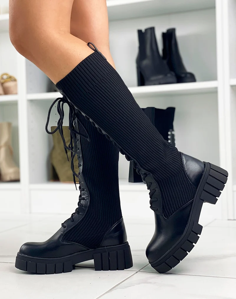 Bottes noires effet chaussette à lacets
