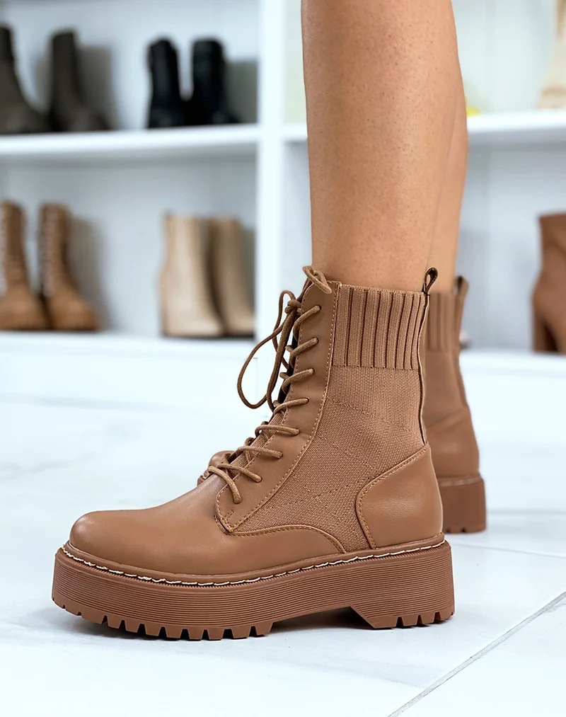 Bottines chaussettes camel à semelle épaisse