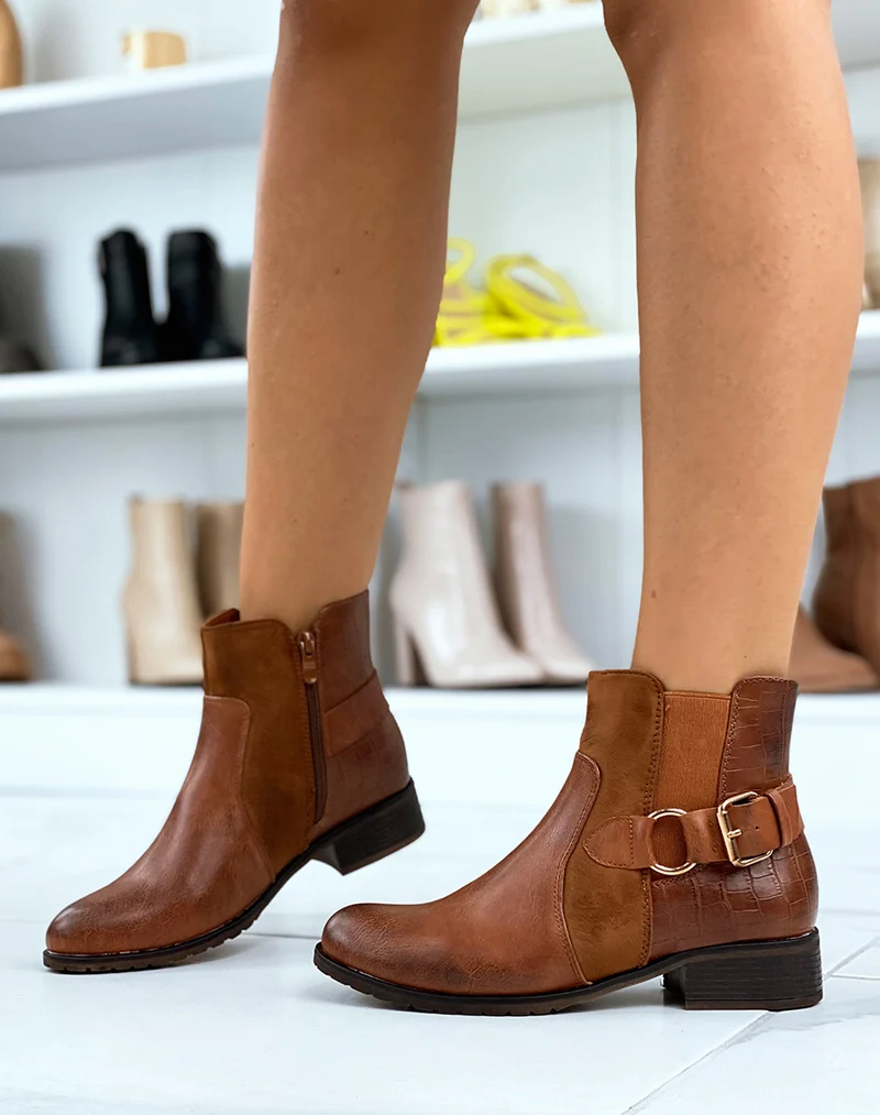 Bottines basses camel bi-matières