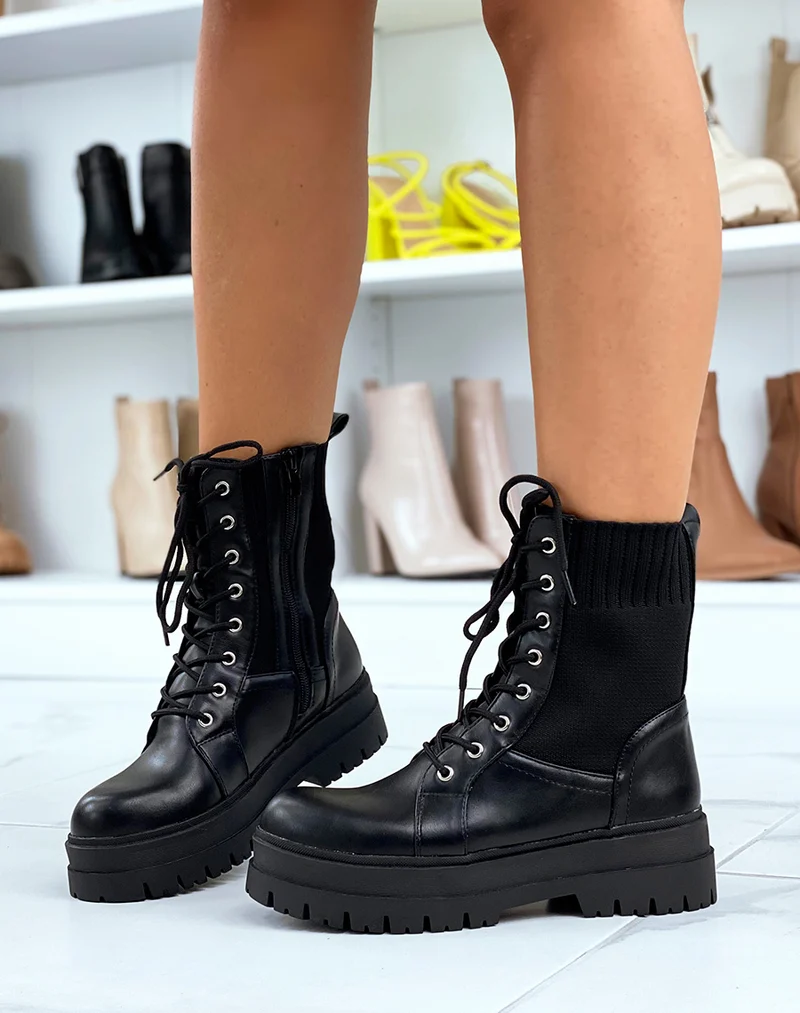 Bottines noires montantes bi-matières