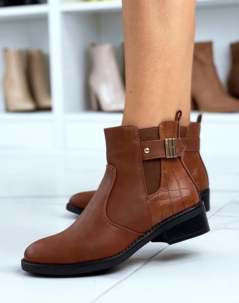 Bottines basses camel avec effet croco