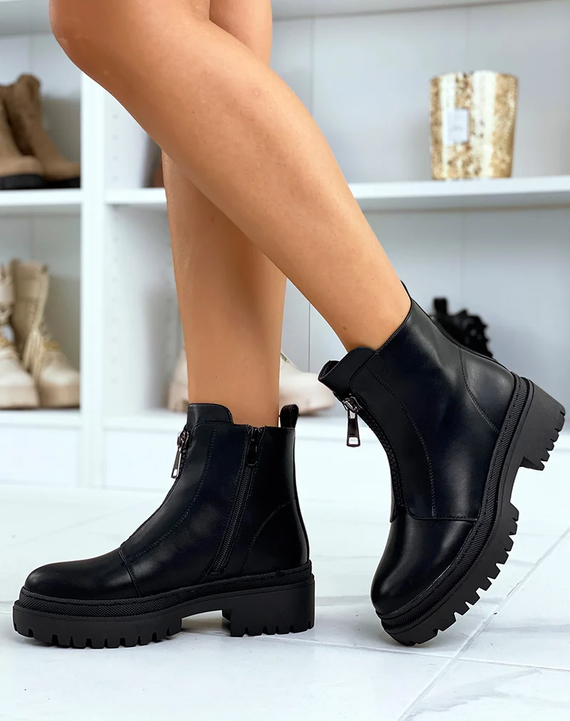 Bottines noires montantes zipées à petit talon