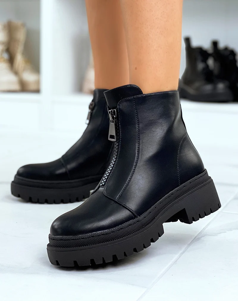 Bottines noires montantes zipées à petit talon