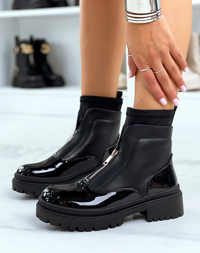 Bottines noires vernies effet chaussette zipées et talonnées