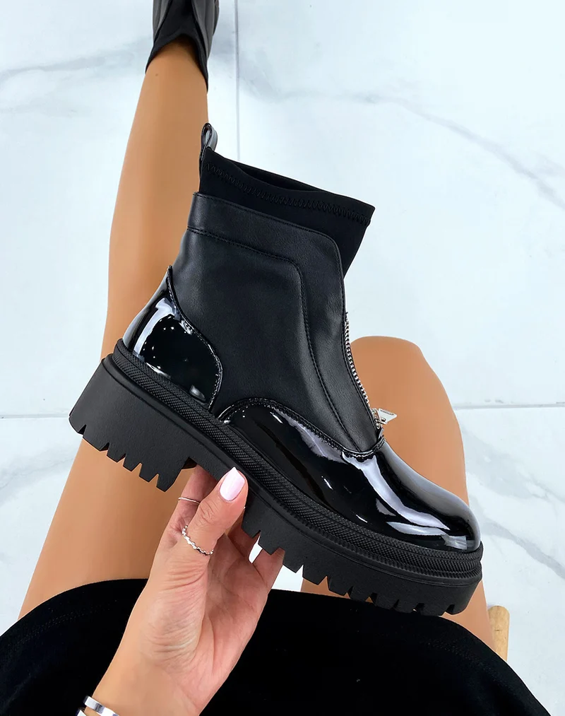 Bottines noires vernies effet chaussette zipées et talonnées