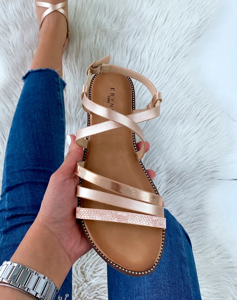 Nu-pieds rose gold à multiples brides et motif animalier