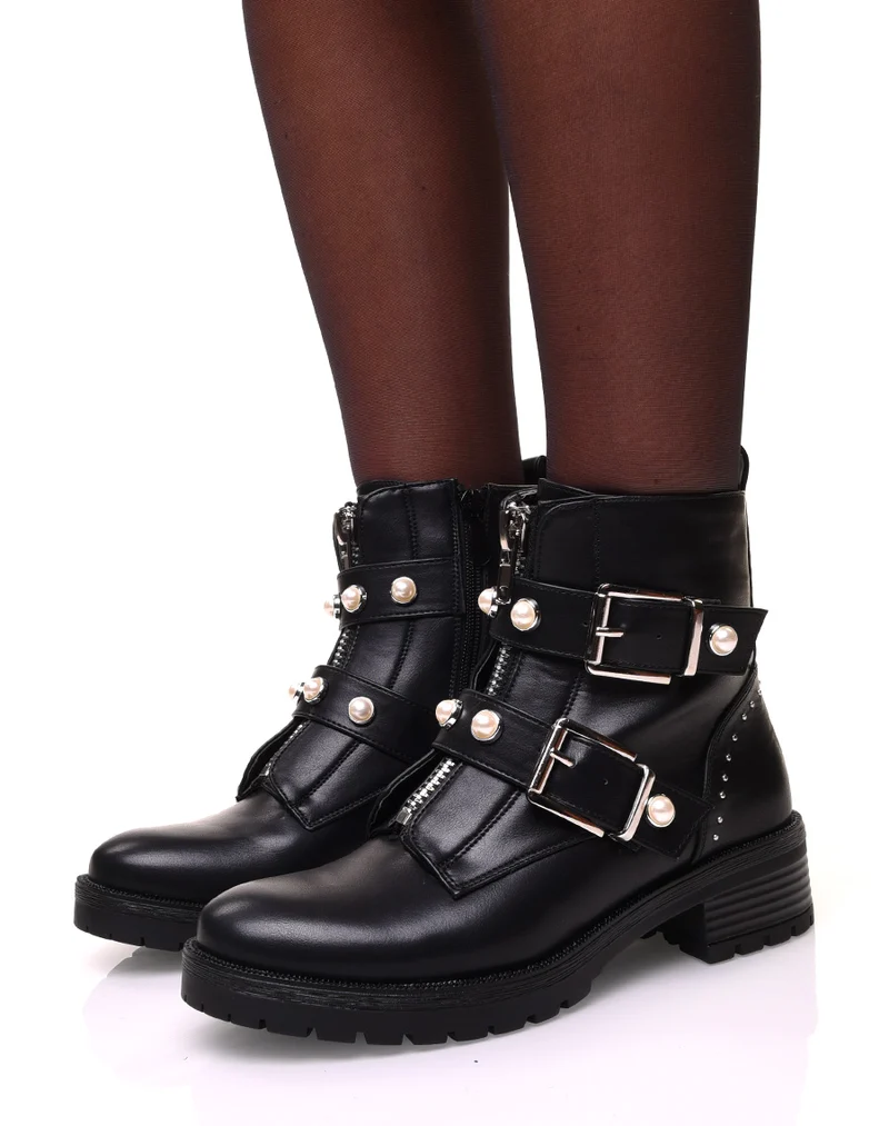 Bottines montantes noires à fermeture éclaire et sangles perlées