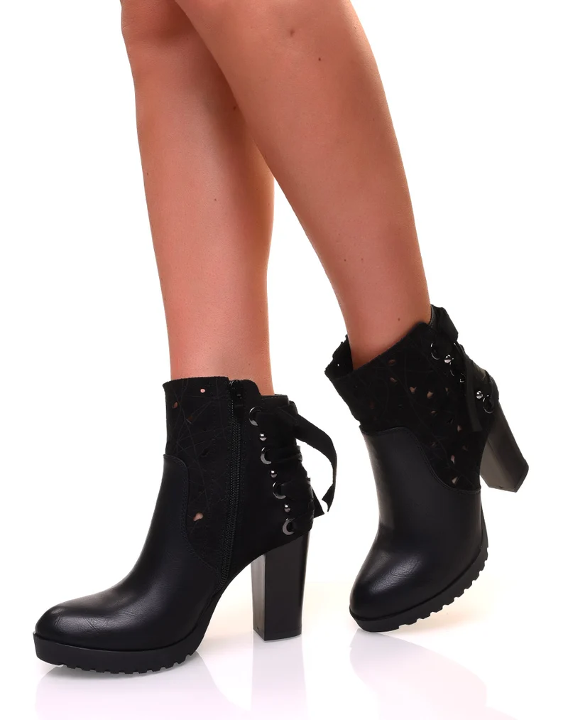 Bottines à talons noires bi-matières à noeuds et perles