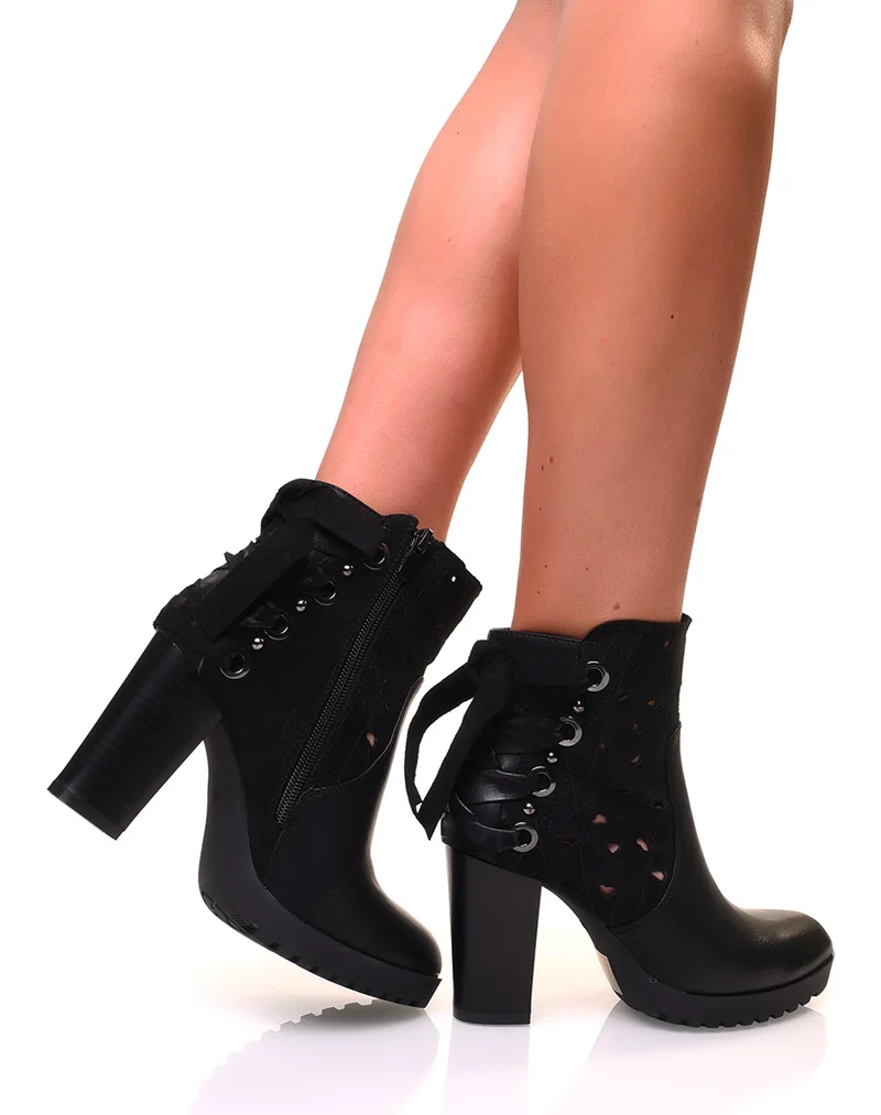 Bottines à talons noires bi-matières à noeuds et perles