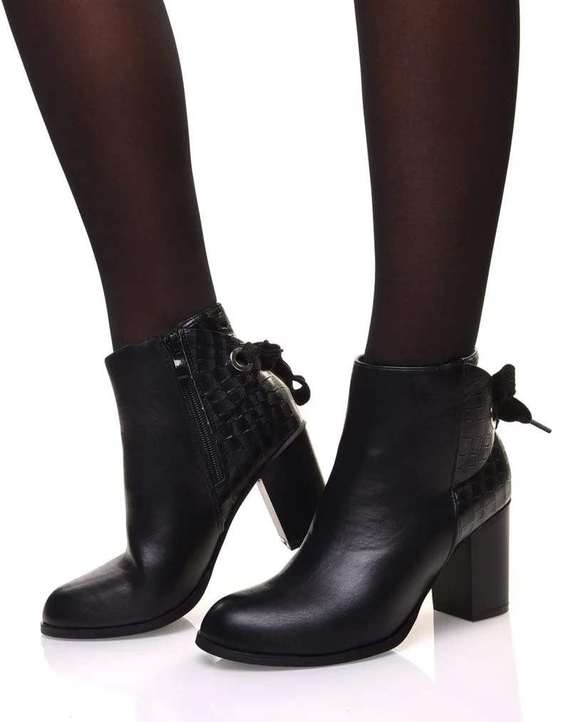Bottines croco noir à talon et détails noeud