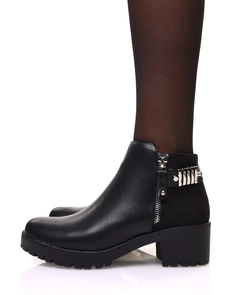 Bottines noires bi matières à talon mi haut