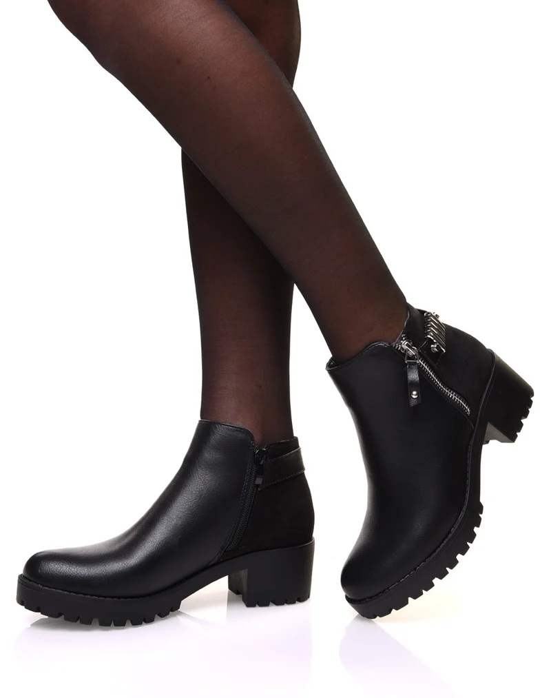 Bottines noires bi matières à talon mi haut