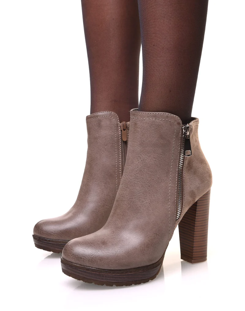 Bottines à talons kaki bi-matières