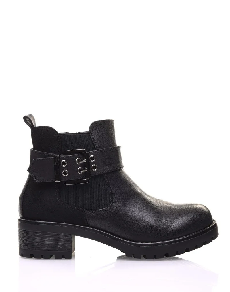 Bottines bi-matières noires à semelle crantée