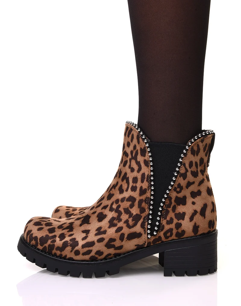 Chelsea boots semelles crantées léopard à clous ronds