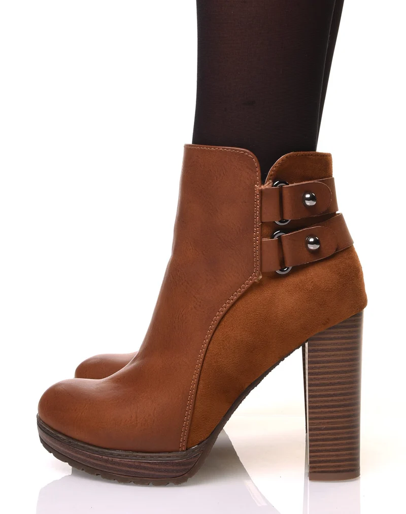 Bottines camelles à talons haut bi-matière