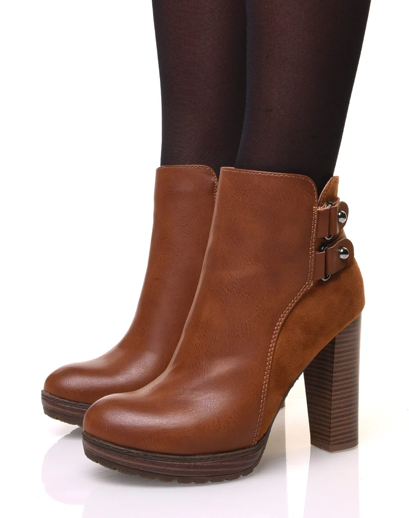 Bottines camelles à talons haut bi-matière