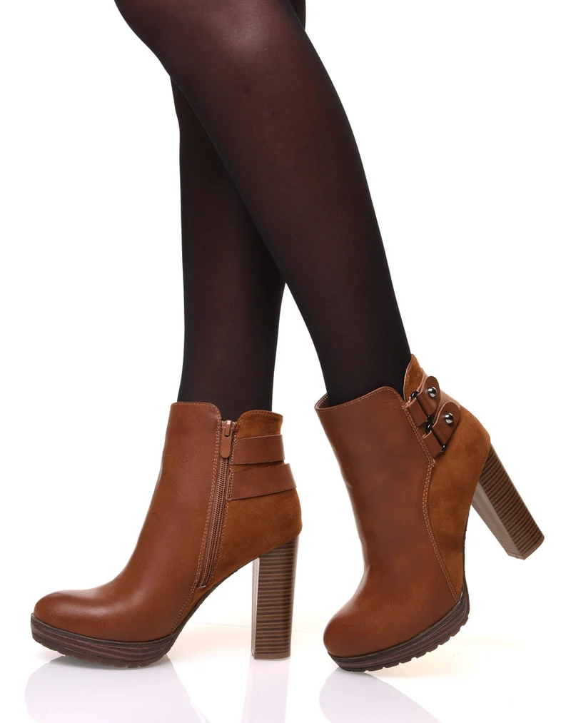Bottines camelles à talons haut bi-matière