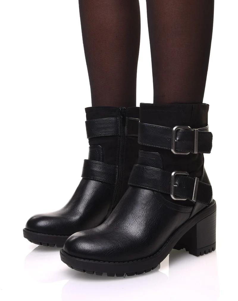 Bottines bi-matière à sangles noires à talon