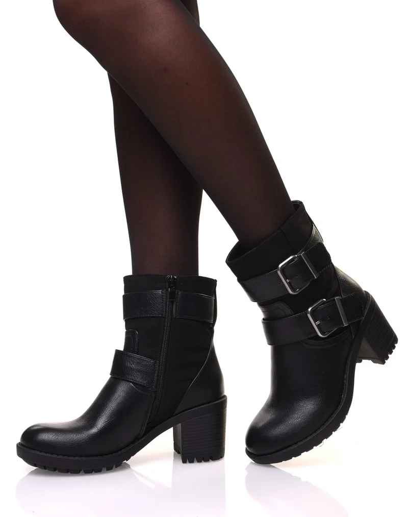 Bottines bi-matière à sangles noires à talon