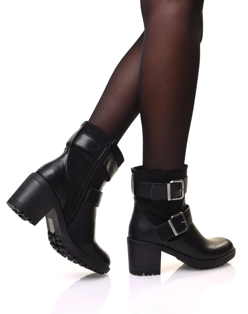 Bottines bi-matière à sangles noires à talon