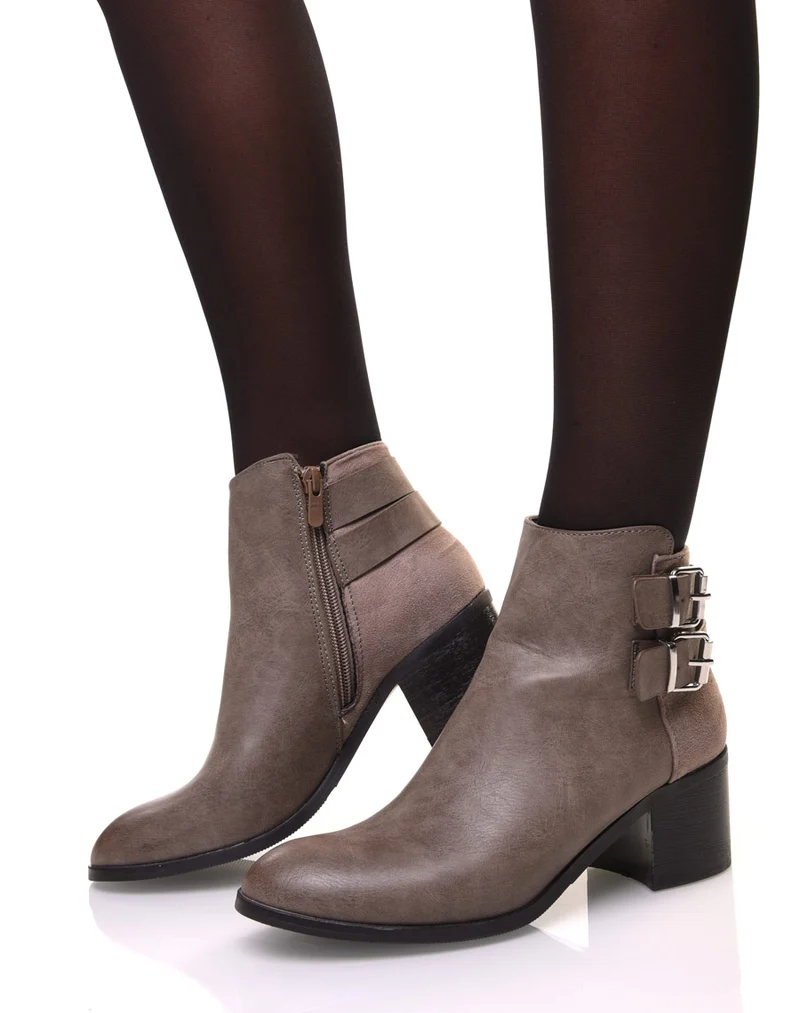 Bottines bi-matière taupe à talon