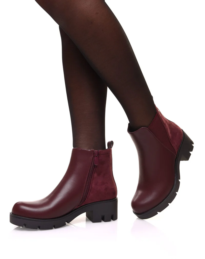 Bottines bordeaux bi matières et élastique échancré
