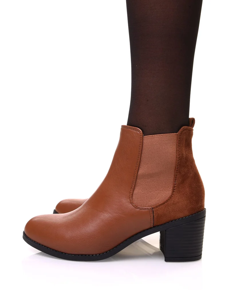 Chelsea boots camelles bi matières à talon mi haut