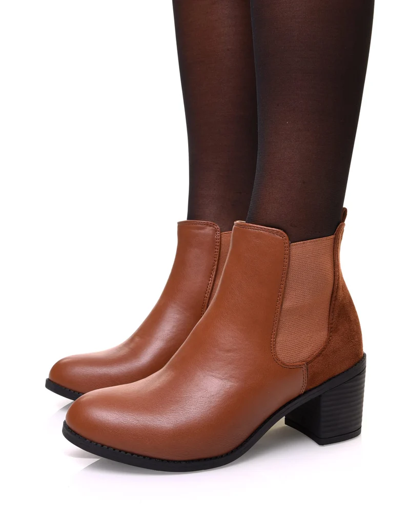 Chelsea boots camelles bi matières à talon mi haut